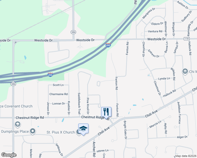 map of restaurants, bars, coffee shops, grocery stores, and more near 16 Bent Oak Road in Rochester