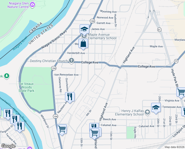 map of restaurants, bars, coffee shops, grocery stores, and more near 3727 McKoon Avenue in Niagara Falls