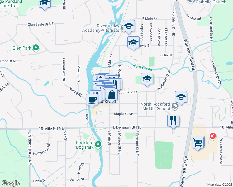 map of restaurants, bars, coffee shops, grocery stores, and more near 15 North Monroe Street in Rockford