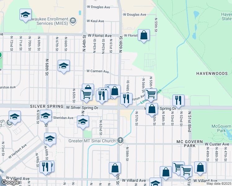 map of restaurants, bars, coffee shops, grocery stores, and more near 5640 North 61st Street in Milwaukee