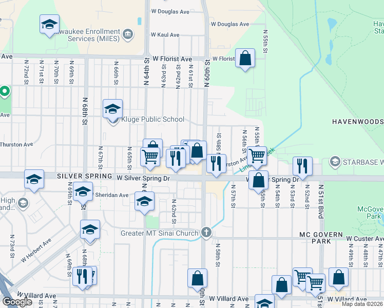 map of restaurants, bars, coffee shops, grocery stores, and more near 5640 North 61st Street in Milwaukee