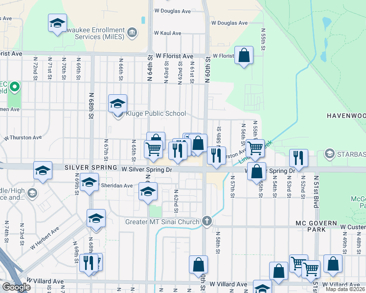 map of restaurants, bars, coffee shops, grocery stores, and more near 5654 North 62nd Street in Milwaukee