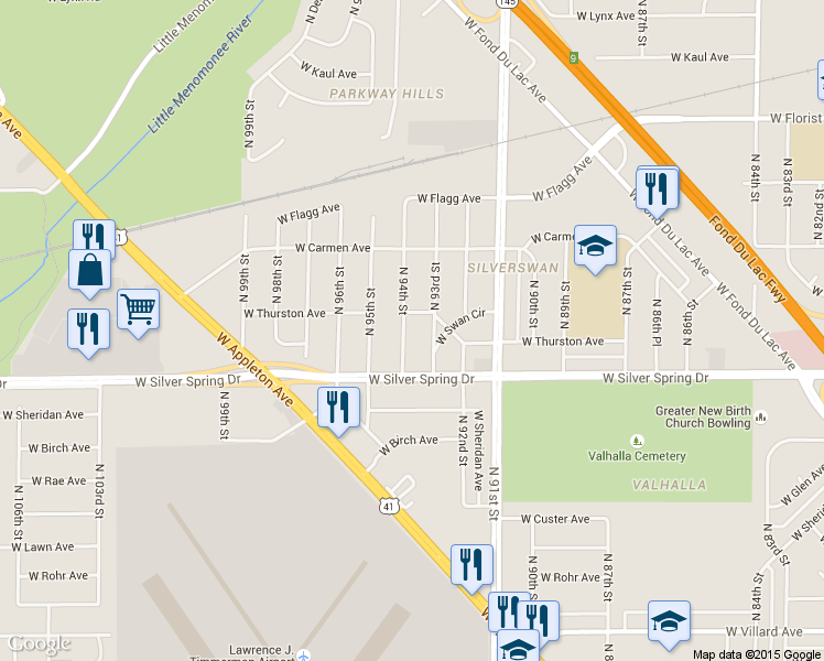 map of restaurants, bars, coffee shops, grocery stores, and more near 5646 North 94th Street in Milwaukee