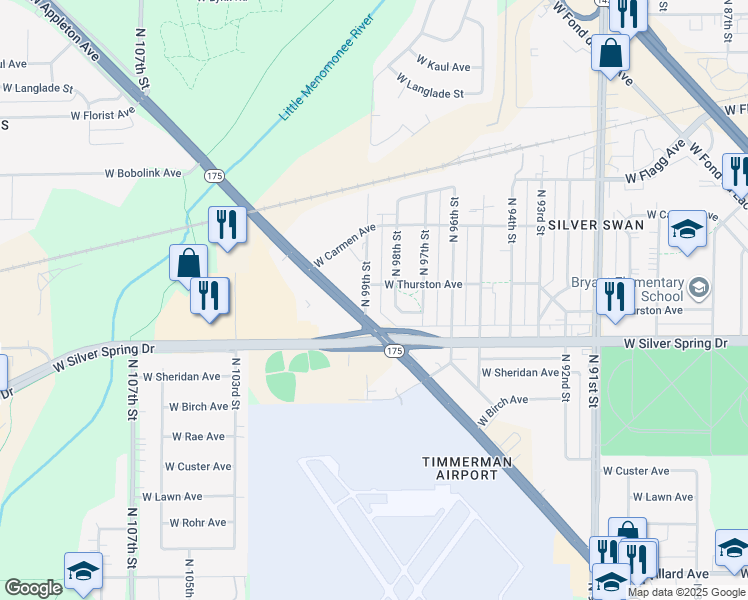 map of restaurants, bars, coffee shops, grocery stores, and more near 9745 West Reichert Place in Milwaukee
