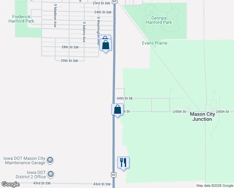 map of restaurants, bars, coffee shops, grocery stores, and more near 16000-16018 34th Street Southeast in Mason City