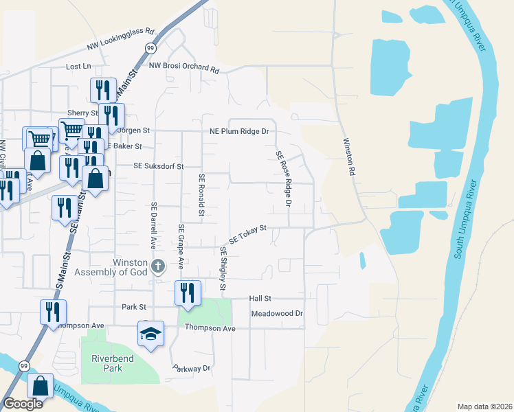 map of restaurants, bars, coffee shops, grocery stores, and more near 311 Sunrise Lane in Winston