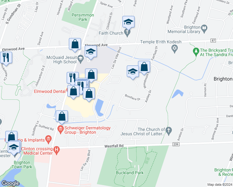 map of restaurants, bars, coffee shops, grocery stores, and more near 20 Brandywine Lane in Rochester