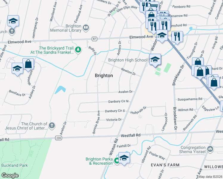 map of restaurants, bars, coffee shops, grocery stores, and more near 129 Avalon Drive in Rochester