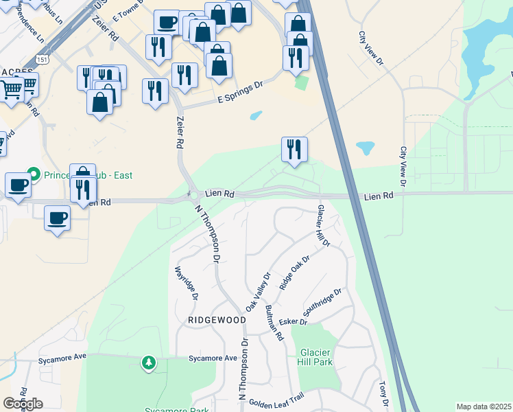 map of restaurants, bars, coffee shops, grocery stores, and more near 4901 Lien Road in Madison