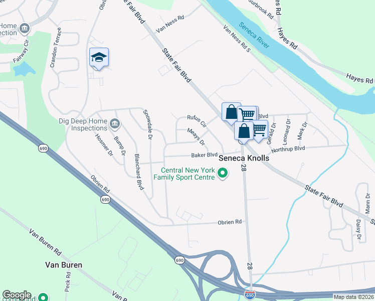 map of restaurants, bars, coffee shops, grocery stores, and more near 126 Baker Boulevard in Syracuse