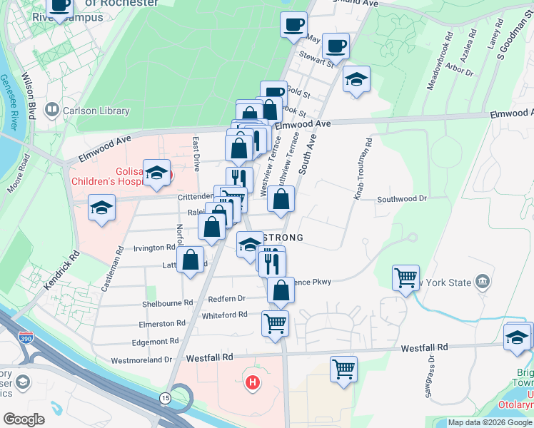 map of restaurants, bars, coffee shops, grocery stores, and more near 50 Rosemount Street in Rochester