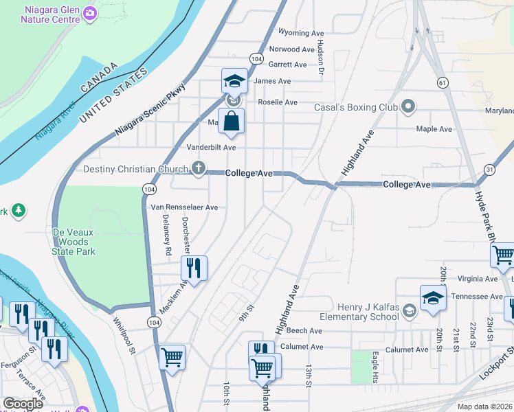 map of restaurants, bars, coffee shops, grocery stores, and more near 3727 McKoon Avenue in Niagara Falls