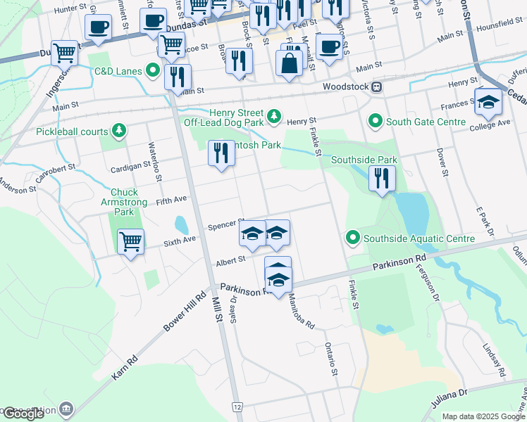 map of restaurants, bars, coffee shops, grocery stores, and more near 232 Butler Street in Woodstock