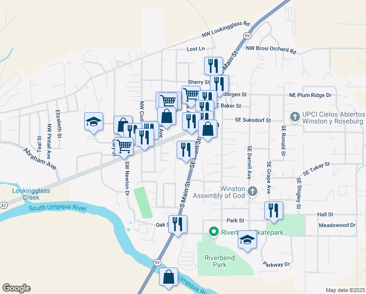 map of restaurants, bars, coffee shops, grocery stores, and more near 191 South Main Street in Winston