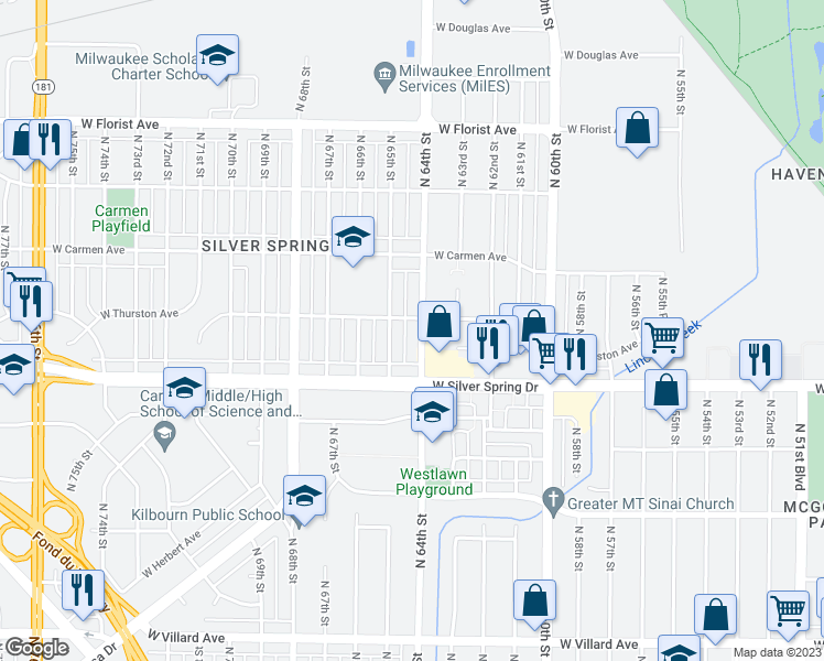map of restaurants, bars, coffee shops, grocery stores, and more near 5663 North 64th Street in Milwaukee