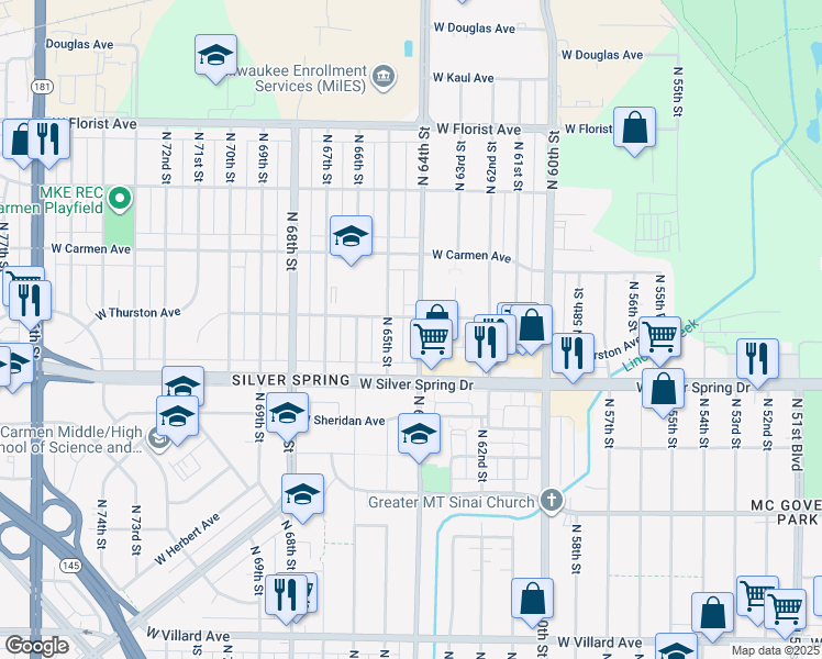 map of restaurants, bars, coffee shops, grocery stores, and more near 5647 North 64th Street in Milwaukee