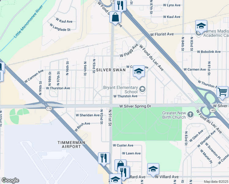 map of restaurants, bars, coffee shops, grocery stores, and more near 5651 North 91st Street in Milwaukee