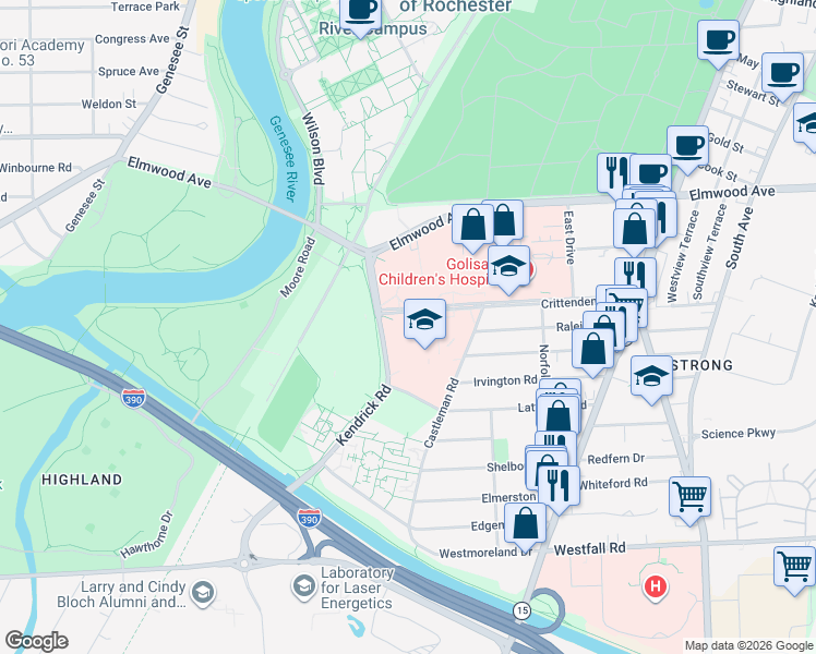 map of restaurants, bars, coffee shops, grocery stores, and more near 255 Crittenden Boulevard in Rochester