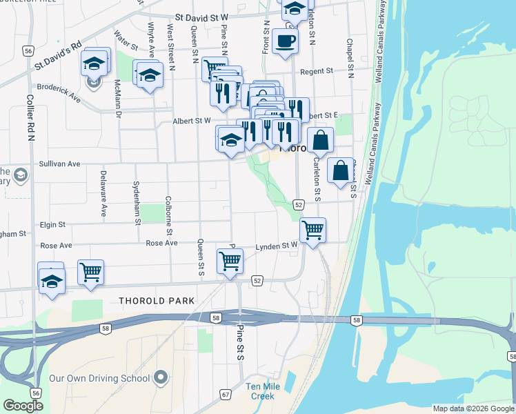 map of restaurants, bars, coffee shops, grocery stores, and more near 6 Garden Street in Thorold