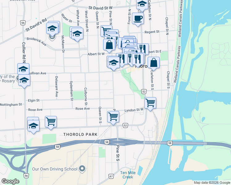 map of restaurants, bars, coffee shops, grocery stores, and more near 68 Pine Street South in Thorold