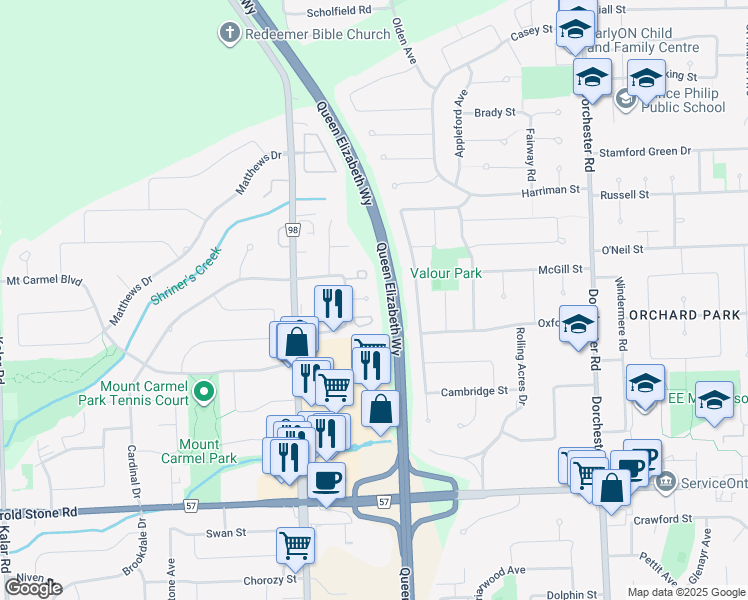 map of restaurants, bars, coffee shops, grocery stores, and more near 7410 Trinity Court in Niagara Falls