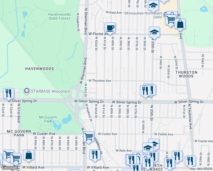 map of restaurants, bars, coffee shops, grocery stores, and more near 5654 North 41st Street in Milwaukee