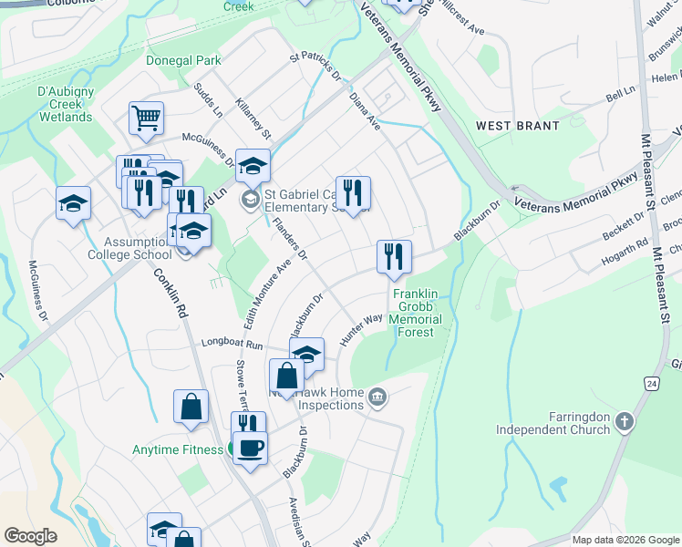 map of restaurants, bars, coffee shops, grocery stores, and more near 116 Blackburn Drive in Brantford