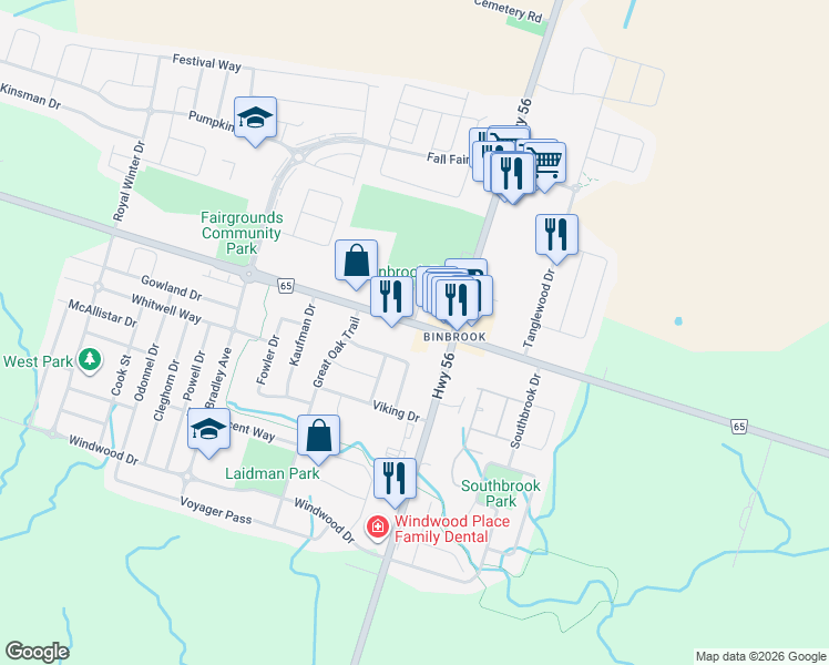 map of restaurants, bars, coffee shops, grocery stores, and more near 3033 Binbrook Road in Hamilton
