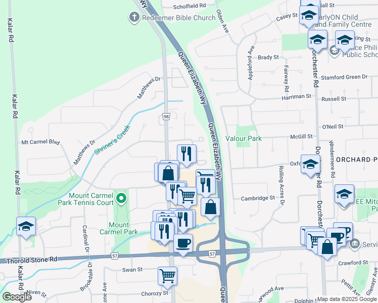 map of restaurants, bars, coffee shops, grocery stores, and more near 7453 Monastery Drive in Niagara Falls