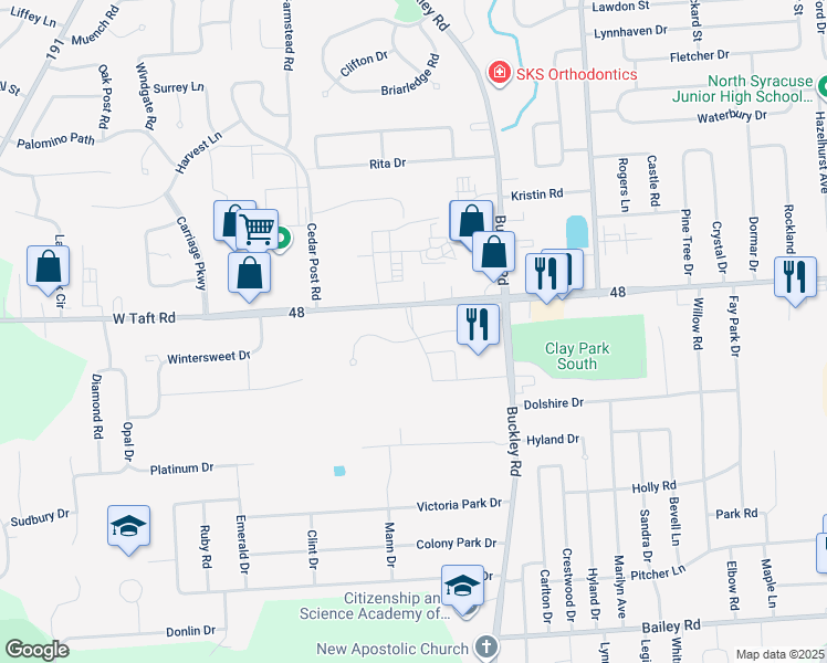 map of restaurants, bars, coffee shops, grocery stores, and more near 7221 Janus Park Drive in Liverpool