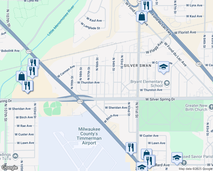 map of restaurants, bars, coffee shops, grocery stores, and more near 5660 North 95th Street in Milwaukee