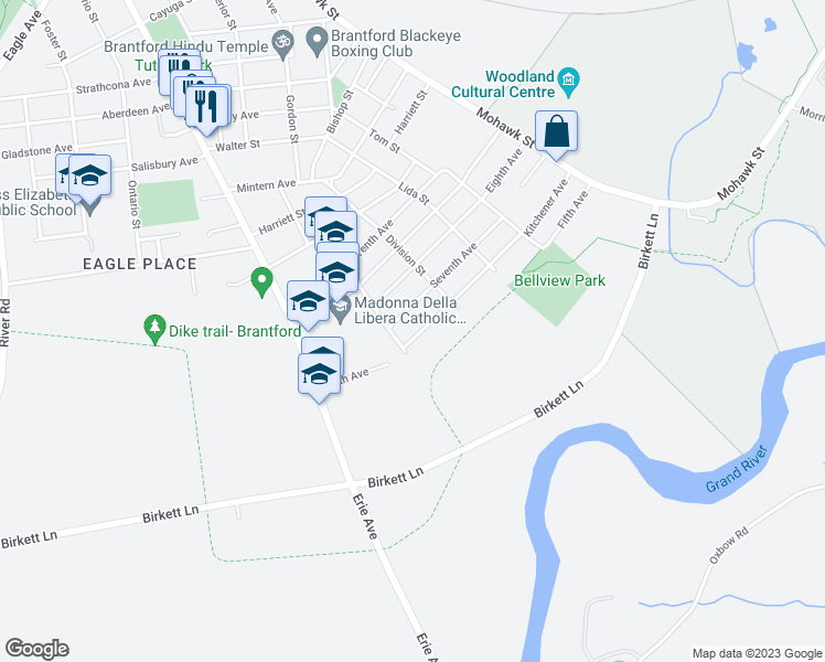 map of restaurants, bars, coffee shops, grocery stores, and more near 115 Sixth Avenue in Brantford