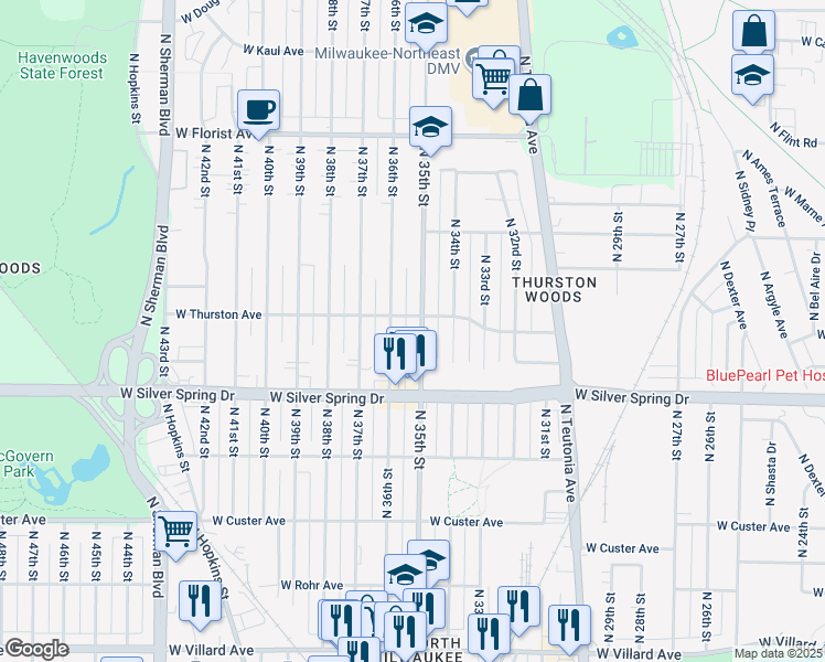 map of restaurants, bars, coffee shops, grocery stores, and more near 5654 North 36th Street in Milwaukee