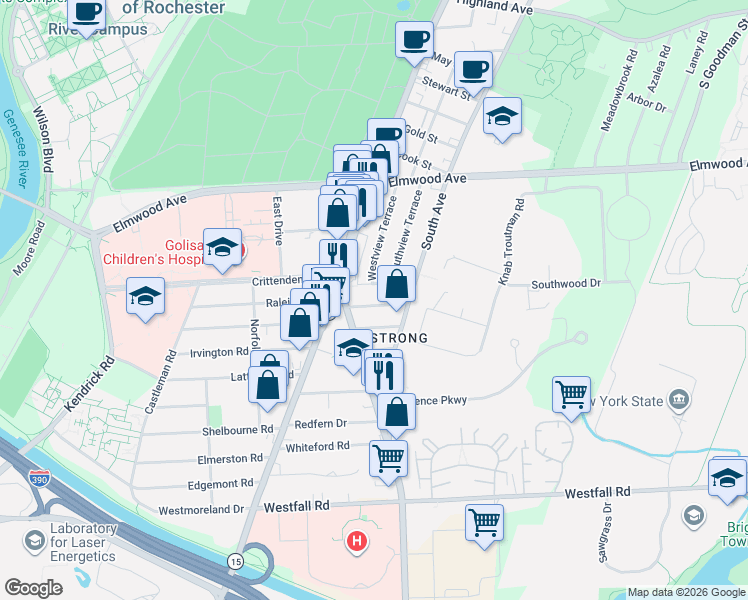 map of restaurants, bars, coffee shops, grocery stores, and more near 30 Warren Street in Rochester