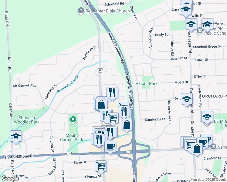 map of restaurants, bars, coffee shops, grocery stores, and more near 7467 Monastery Drive in Niagara Falls
