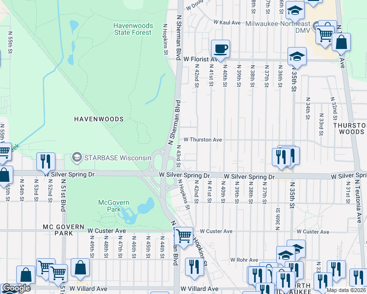 map of restaurants, bars, coffee shops, grocery stores, and more near 5650 North 43rd Street in Milwaukee