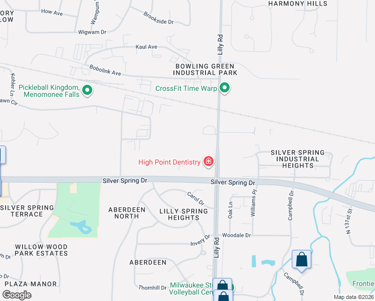 map of restaurants, bars, coffee shops, grocery stores, and more near N56 W14192 Silver Spring Drive in Menomonee Falls