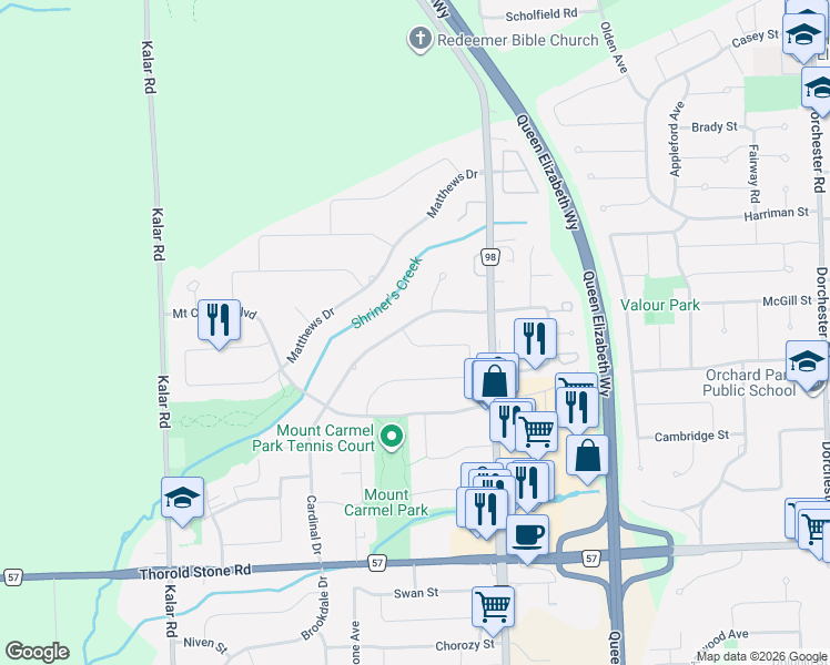 map of restaurants, bars, coffee shops, grocery stores, and more near 7752 Saint Augustine Crescent in Niagara Falls