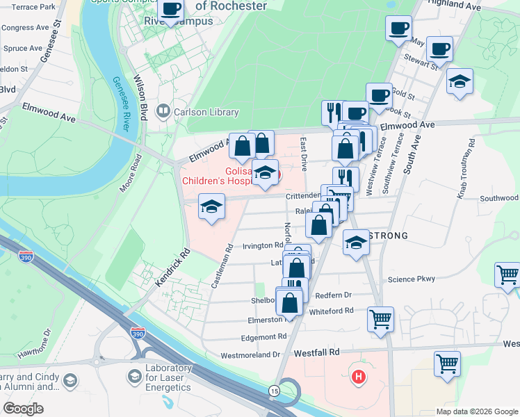 map of restaurants, bars, coffee shops, grocery stores, and more near 149 Raleigh Street in Rochester