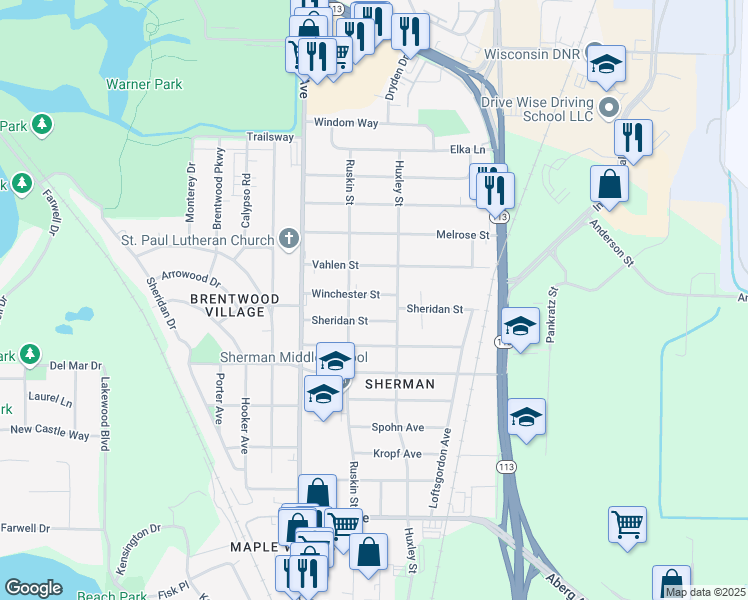 map of restaurants, bars, coffee shops, grocery stores, and more near 1814 Sheridan Street in Madison