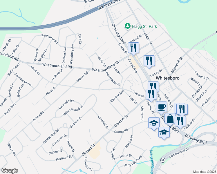 map of restaurants, bars, coffee shops, grocery stores, and more near 55 551/2 West Street in Whitesboro