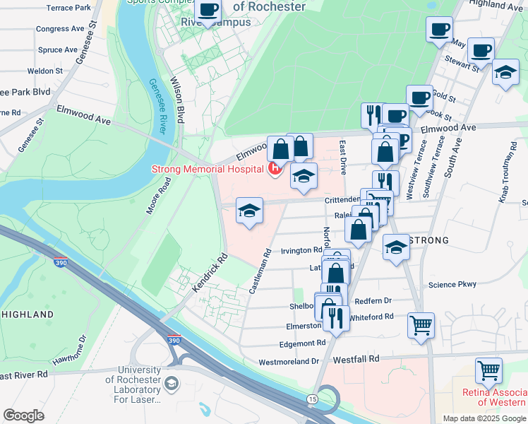 map of restaurants, bars, coffee shops, grocery stores, and more near 255 Crittenden Boulevard in Rochester