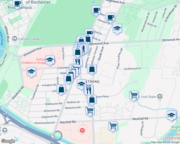 map of restaurants, bars, coffee shops, grocery stores, and more near 64 Rosemount Street in Rochester