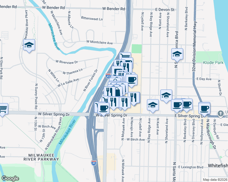 map of restaurants, bars, coffee shops, grocery stores, and more near 5699 North Centerpark Way in Glendale