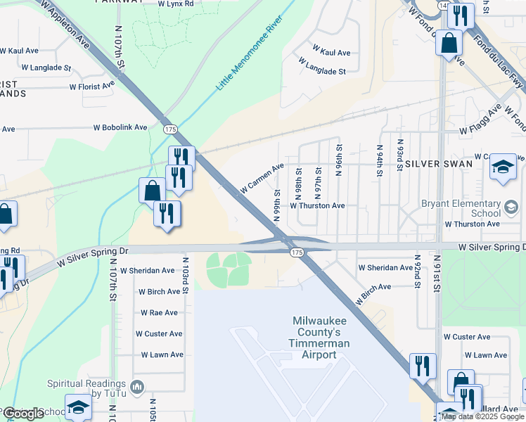 map of restaurants, bars, coffee shops, grocery stores, and more near 9934 West Appleton Avenue in Milwaukee