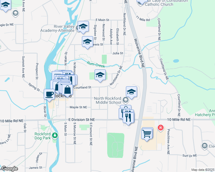 map of restaurants, bars, coffee shops, grocery stores, and more near 2 Northland Drive Northeast in Rockford