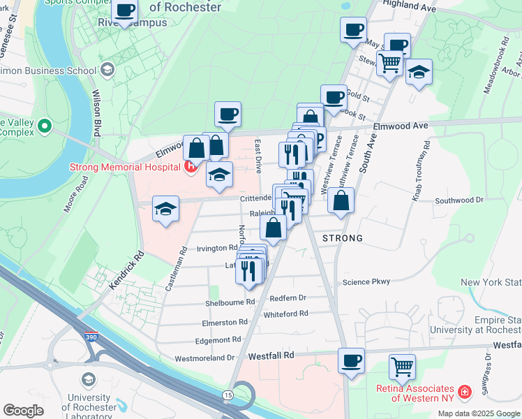 map of restaurants, bars, coffee shops, grocery stores, and more near 72 Raleigh Street in Rochester