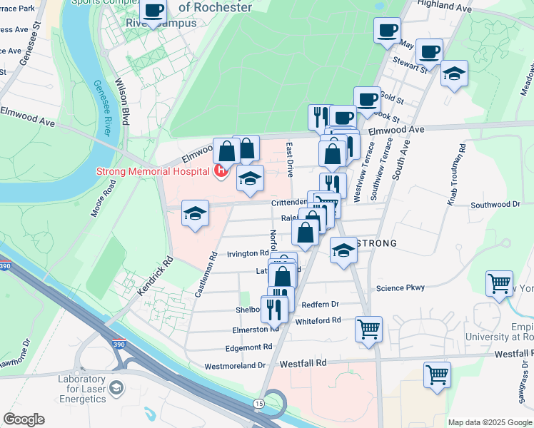 map of restaurants, bars, coffee shops, grocery stores, and more near 149 Raleigh Street in Rochester