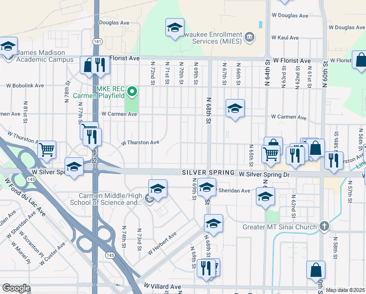 map of restaurants, bars, coffee shops, grocery stores, and more near 5635 North 70th Street in Milwaukee