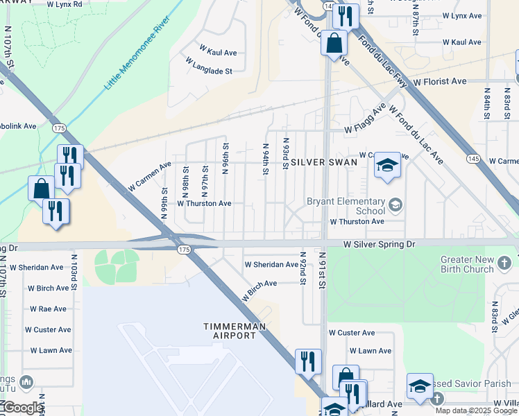 map of restaurants, bars, coffee shops, grocery stores, and more near 5624 North 95th Street in Milwaukee